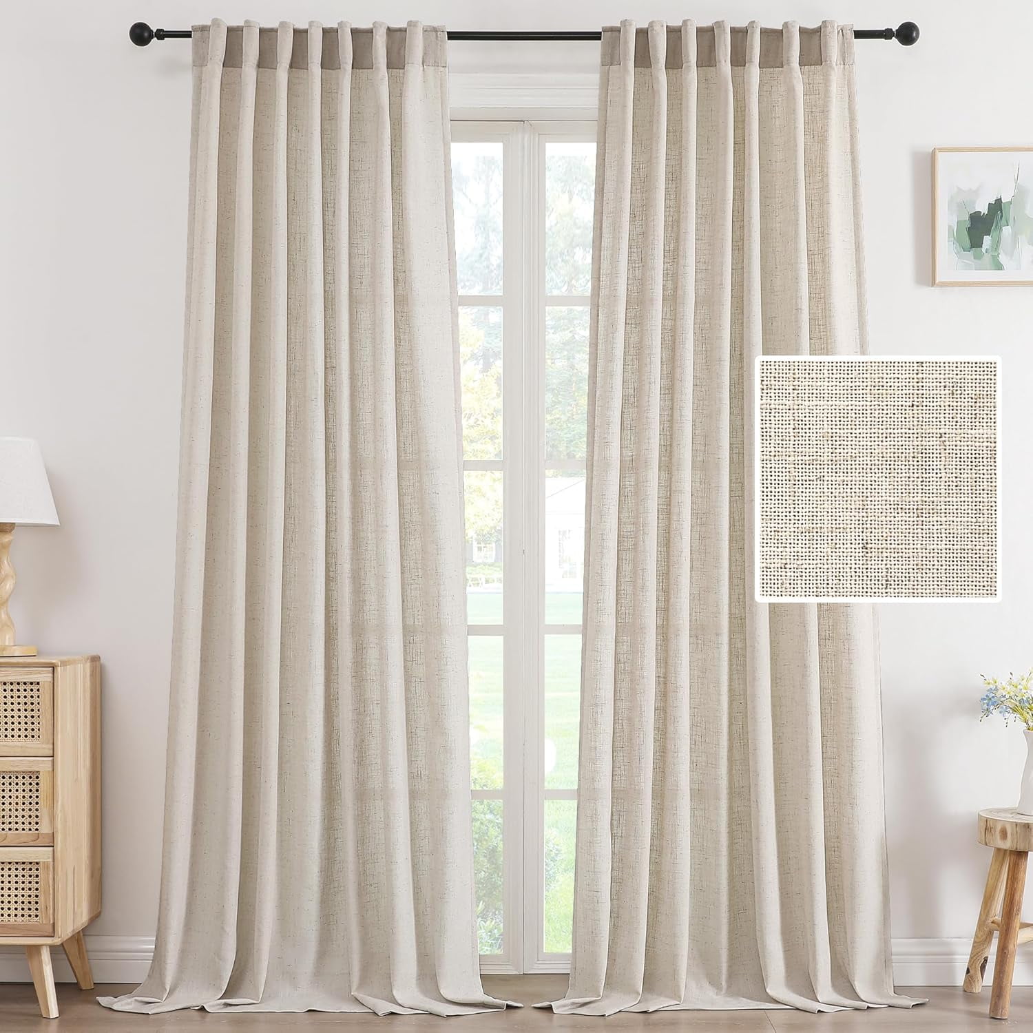 Linen Curtains 96 Inch Length 2 Panels Set, Semi Sheer Light Filtering Curtain Rod Pocket Back Tab, Pinch Pleated Farmhouse Drapes for Living Room, 52x96 Natural White with Brownish Linen