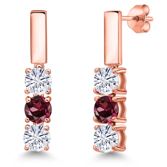Gem Stone King 18K Rose Gold Plated Silver White Moissanite and Red Rhodolite Garnet Drop Dangle Earrings for Women | 1.60 Cttw | Gemstone Birthstone | Round 5MM