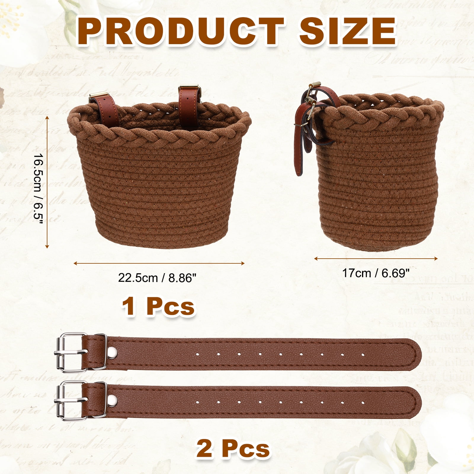 Uxcell Bike Basket, Cotton Rope Bicycle Basket Adjustable Front Baskets with 2 Leather Belt Buckles Unisex Strong Load 8.8 x 6.7 x 6.5" & Dark Brown-Fitting For(Bikes/Tricycle/Scooters)