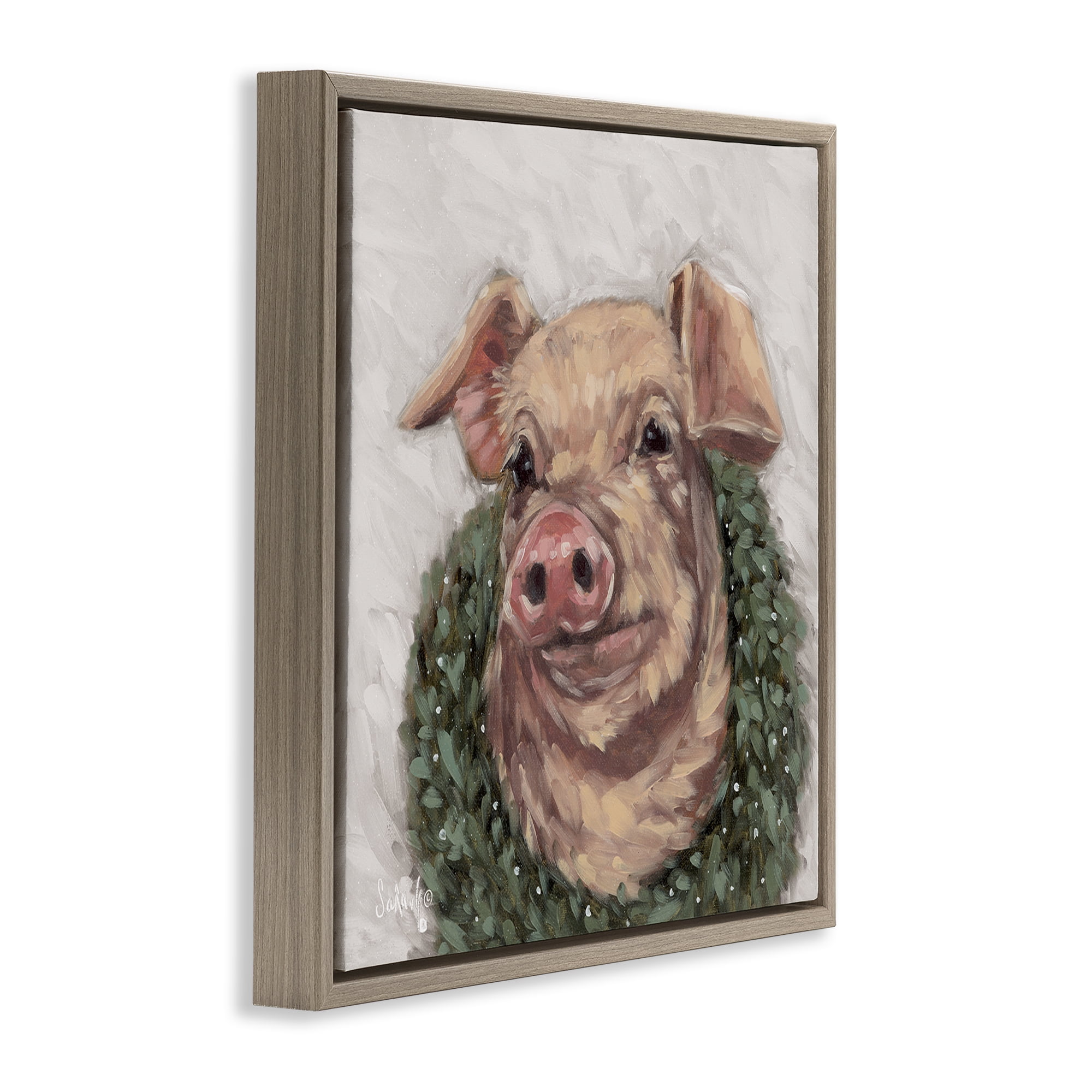 Stupell Industries Pig with Holiday Wreath Holiday Painting Brown Floater Framed Canvas Art Prints Wall Art, 25 x 25