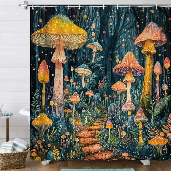 Fantasy Forest Shower Curtain, Fairy Tale World Magical Mushroom Floral Tree Butterfly Wonderland Garden Bathroom Decor Polyester Fabric Bathroom Curtain with Hooks 60X70