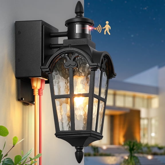 Motion Sensor Outdoor Lights with GFCI Outlet, Black Porch Light Outdoor with Outlet, Dusk to Dawn Outside Lights for House, 100% Aluminum Outside Light Fixtures Wall Mount for Garage Patio