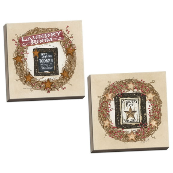 Gango Home Decor Country-Rustic Country Bath Wreath & Laundry Room Wreath by Linda Spivey (Ready to Hang); Two 12x12in Hand-Stretched Canvases