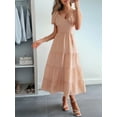 thumbnail image 3 of Women'S Summer Casual Midi Dress Puffy Short Sleeve V-Neck Smocked Tiered Ruffle Dresses Pink XL, 3 of 6