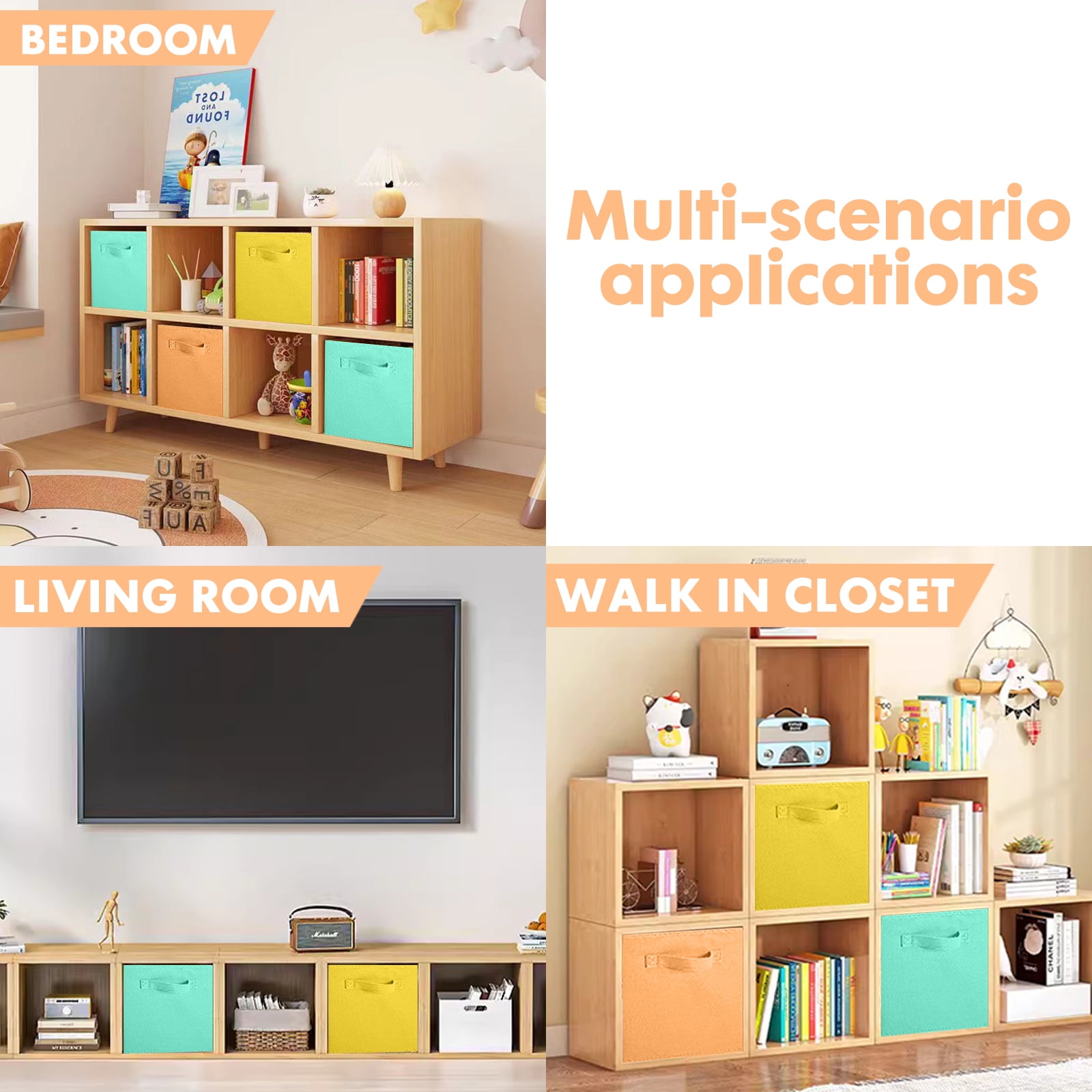 YOYTOO 6 Pack Foldable Cube Storage Bins, 11" Collapsible Fabric Cube Organizer Baskets Bins, Orange & Mint & Yellow