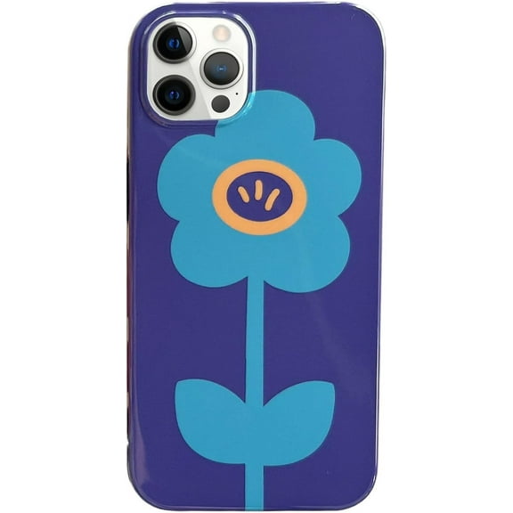 Compatible with iPhone 14 Pro Max Glossy Case Blue Flower Fashion Slim Fit Camera Protection Soft Bumper Protective Shockproof Cover for Girls Women