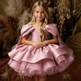 thumbnail image 4 of Girls Satin Mini Princess Dresses Cape Sleeve Neck Ruffle Tiered Gowns for Wedding Birthday Party Evening Ceremony Pink 5-6 Years, 4 of 6