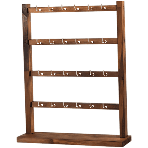 4-Tier Wooden Jewelry Organizer Stand, 24 Hooks Earring Holder Display, Walnut Finish Necklace Bracelet Hanging Rack, Sturdy Wood Base for Vanity, Dresser, Boutique, Trade Show