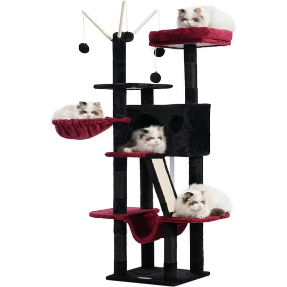 EISRUNG Gothic Cat Tree, 53 inch Cat Tower for Indoor Cats, Cat House with Padded Platform Bed, Toy Balls, Large Cozy Condo, Hammocks and Sisal Scratching Posts, Black and Red MPJ019SBR