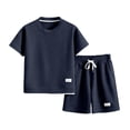 thumbnail image 7 of hoksml Unisex Kids' Waffle Knit Tee and Shorts Set, Short Sleeve Crew Neck Top with Contrast Trim and Drawstring Shorts, Boys' Casual Summer Outfit, 7 of 7