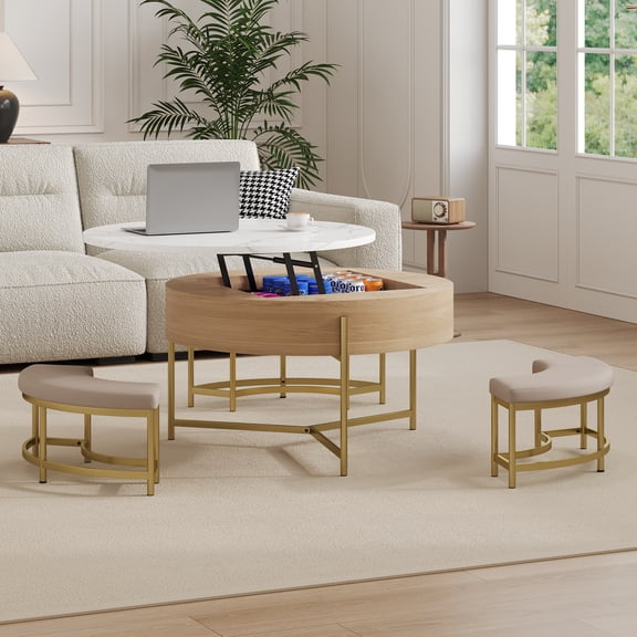 Euroco Modern Round Lift-Top Coffee Table with Storage and 3 Nesting Ottomans,Space-Saving Living Room Set