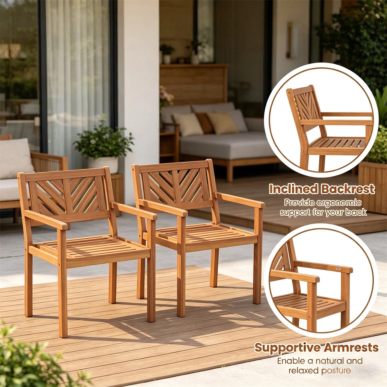 Hommoo Modern Wooden Patio Dining Chair Set of 2, Outdoor Garden Slatted Chair, Natural