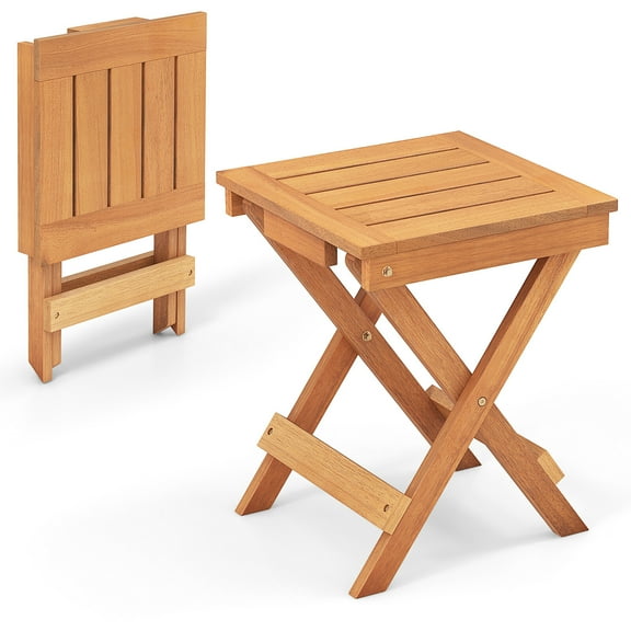 YYEAN Outdoor Folding Side Table Hardwood Table w/ Slatted Tabletop & X-Shaped Legs