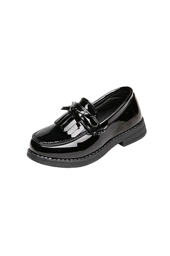 Girls Tassel Bow Slip On Loafers Kids Princess Dress Shoes Front Fringe Tassel Bow Glossy Upper Round Toe Low Block Non Slip Sole School Daily Outdoor Casual Wear Flats(1-1.5 Years)