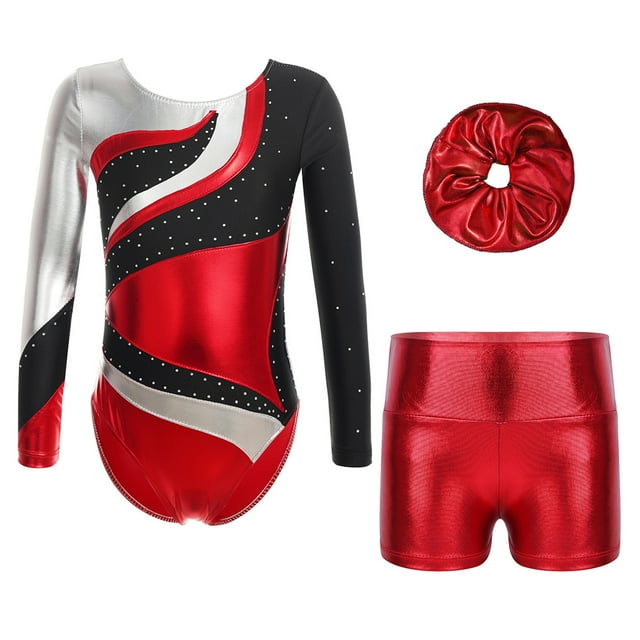 TiaoBug Leotards for Girls Gymnastics Shorts and Hairband Set Practice Jumpsuit Ballet Unitards Dance Bodysuit Red 16