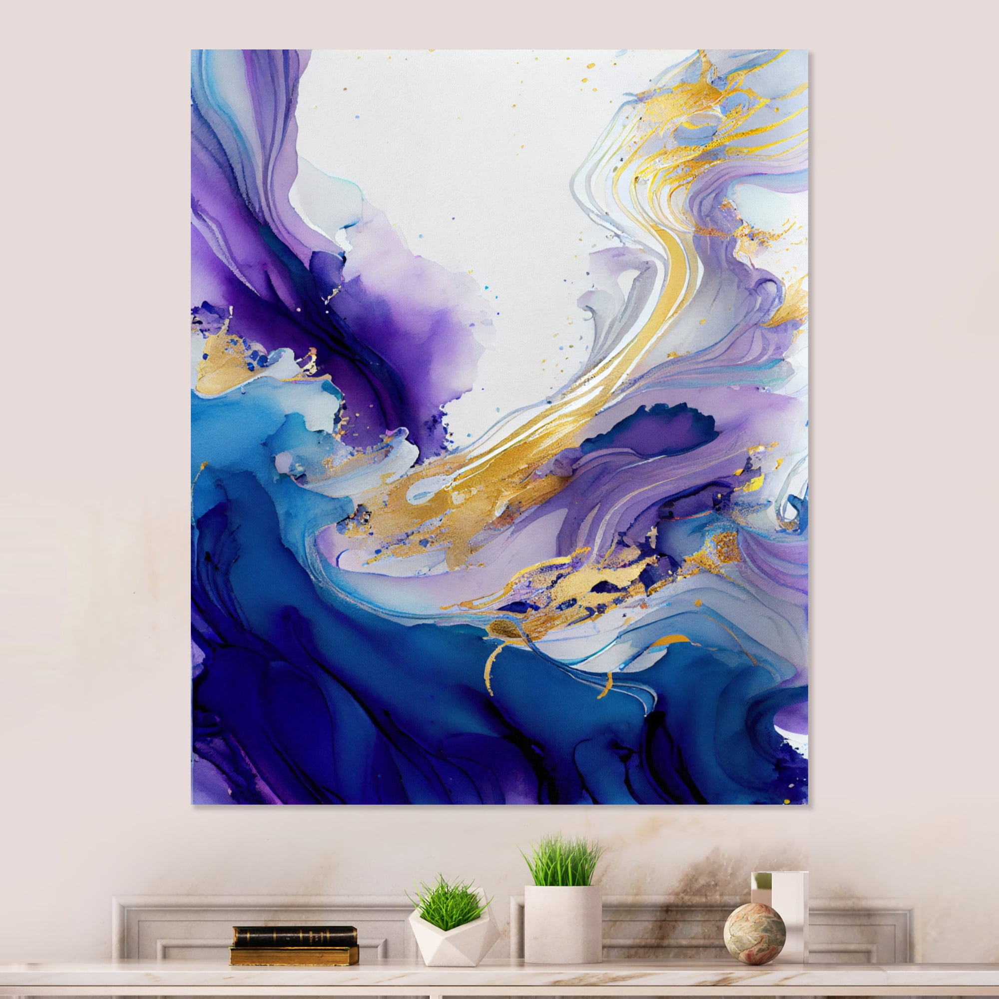 Designart Blue And Gold Splash Paint II Canvas Wall Art