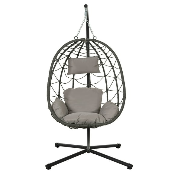 Wicker Egg Chair with Stand, Indoor Outdoor Hanging Chaise Lounge for Patio, Backyard, Living Room Porch Gray