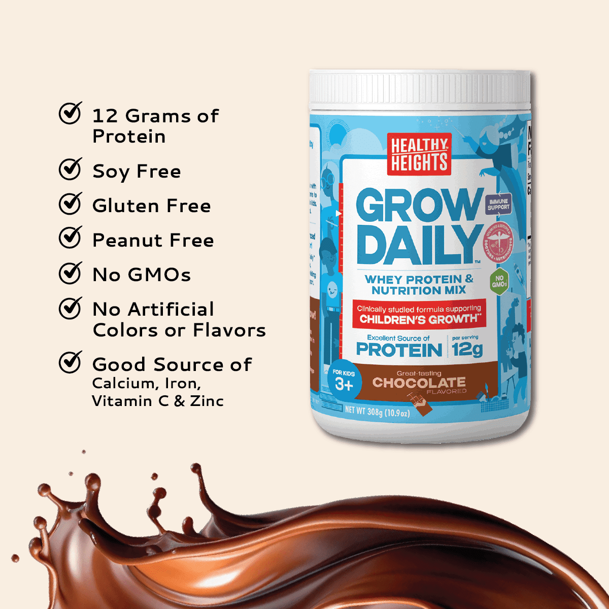 Healthy Heights Kids Protein Shake Mix, Hypoallergenic, Chocolate, 10.9oz Canister