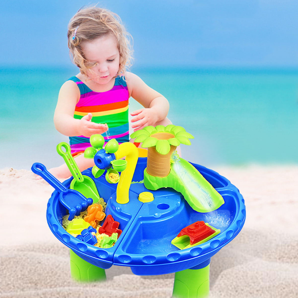 Large Pirate Ship Table Sandglass Playset Multicolor Children Sensory Table Beach Toys Activity Table Set for Toddlers Water Tables for Play Room Square Sand Table 