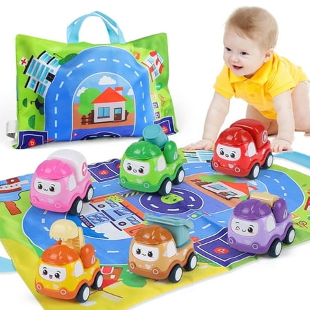 Baby Toy Car for Toddler 1-3, 6PCS Mini Pull Back Car with Playmat/Storage Bag, Infant Friction Power Vehicles, Education Birthday Gift for 2 year old Boys Girls