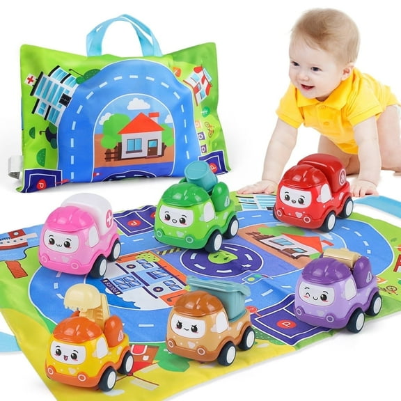 Baby Toy Car for Toddler 1-3, 6PCS Mini Pull Back Car with Playmat/Storage Bag, Infant Friction Power Vehicles, Education Birthday Gift for 2 year old Boys Girls