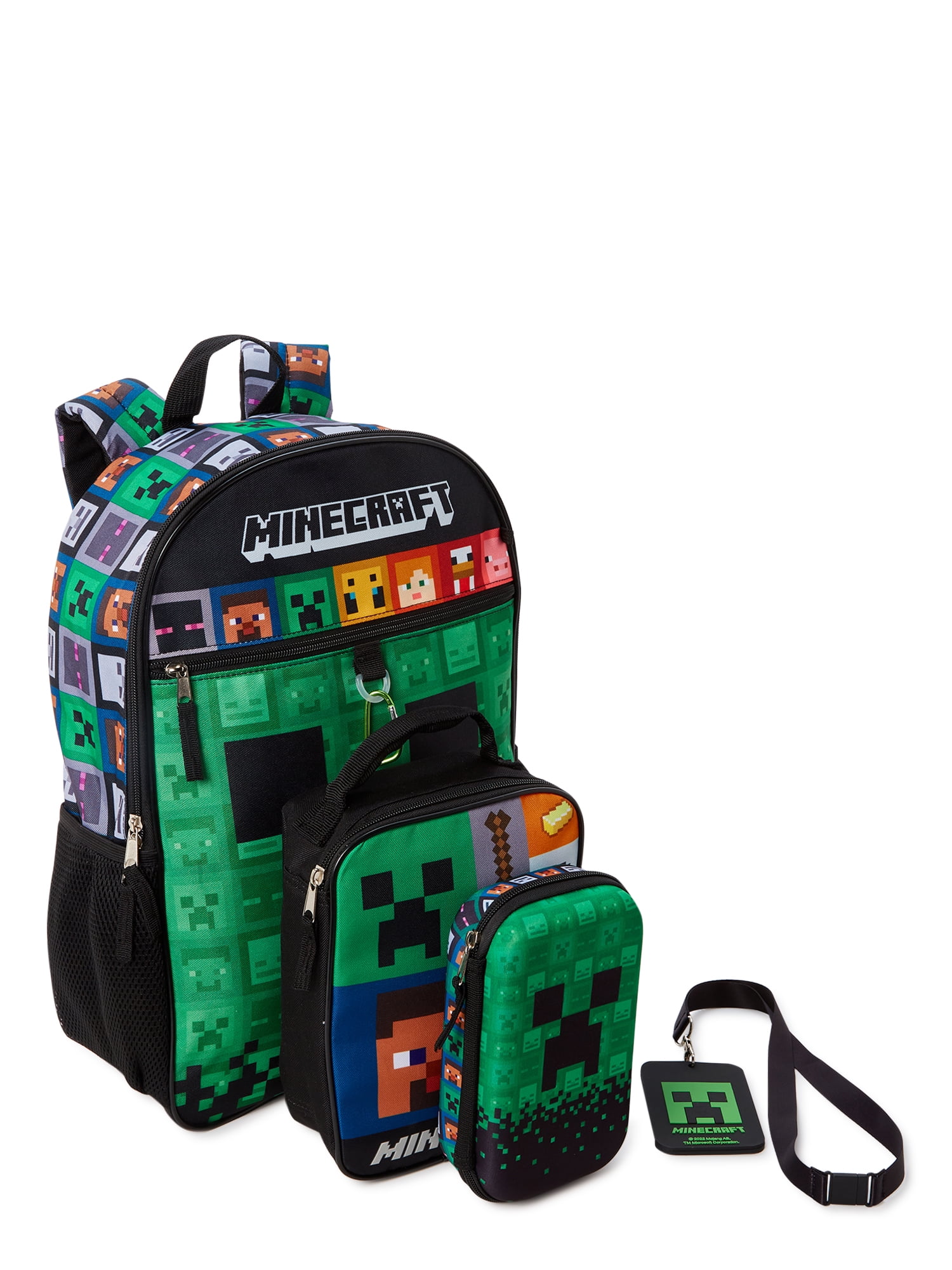 Minecraft Kids’ Backpack with Lunch Bag 4-Piece Set Green Black