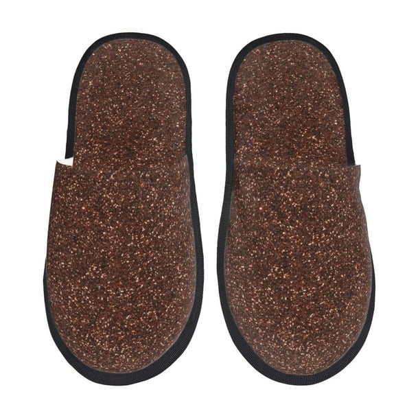 Balery Dark Brown Glitter Pantuflas de Casa de Felpa Silenciosas con Diseño Estampado, Zapatillas Cómodas Antideslizantes de Algodón para Interior-Large