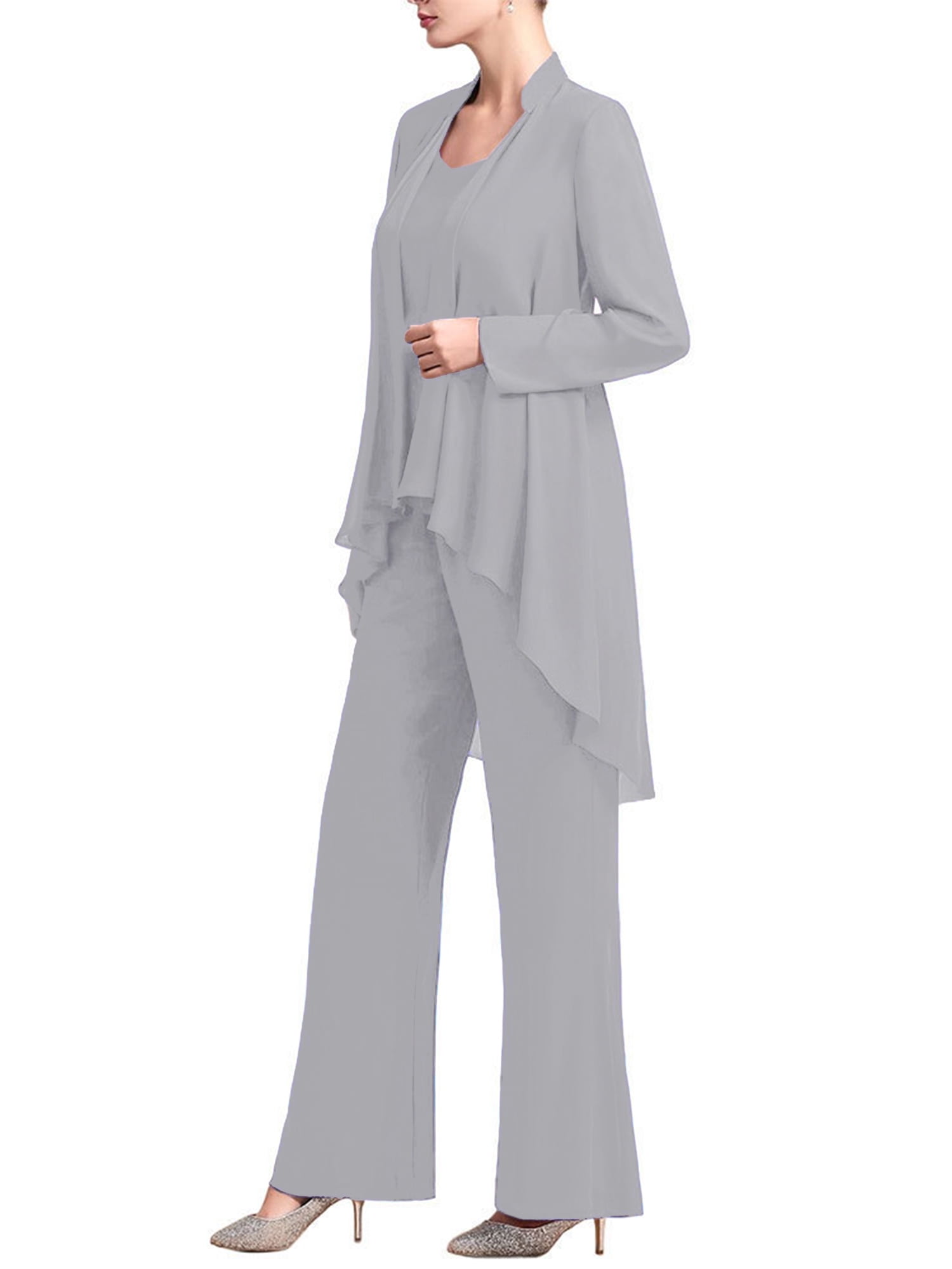 Linjinx Women's Wedding Guest Pant Suit 3 Piece Mother of Bride Dress Sets Plus Size Cocktail Party Gown Gray 2XL