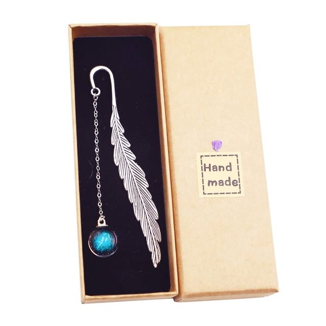 Exquisitos marcadores de metal con forma de pluma, colgante plateado con cuentas luminosas para amantes de la lectura