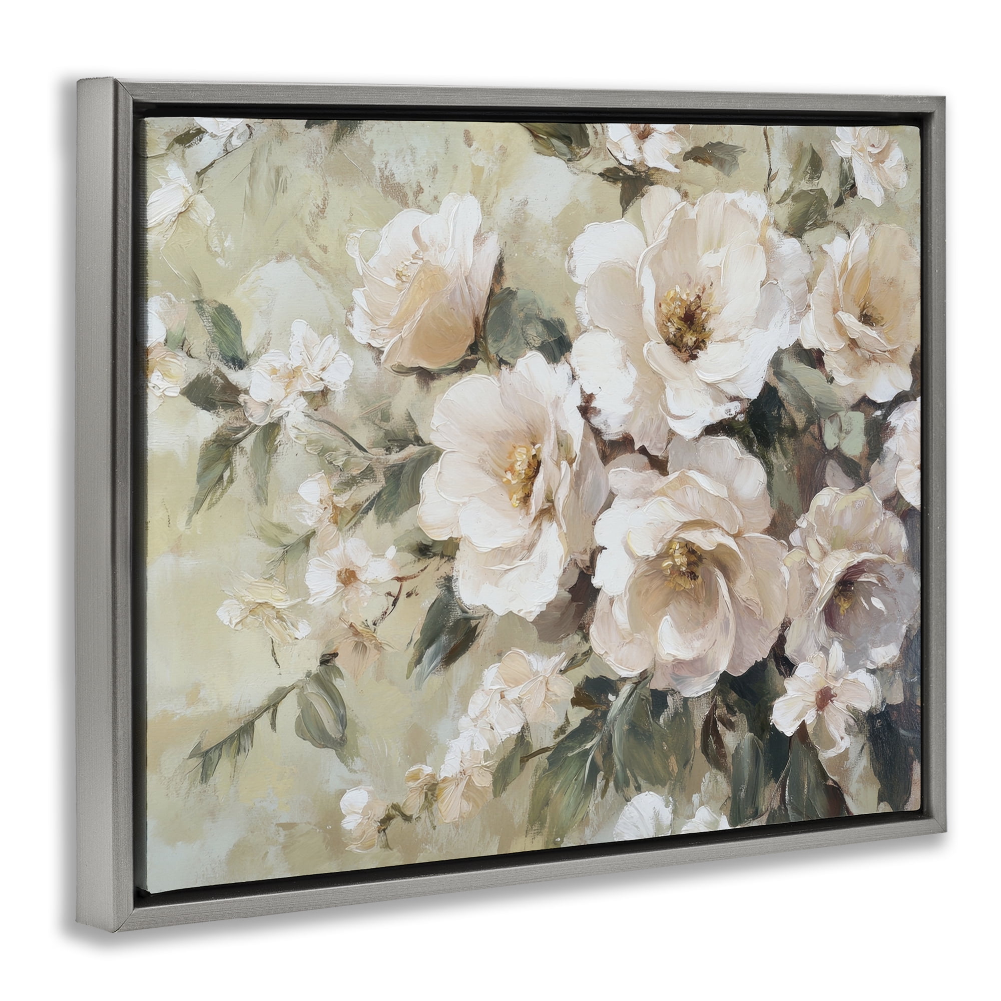 Stupell Industries Cream Dynamic Florals Plants & Flowers Painting Gray Floater Framed Canvas Art Print Wall Art, 21 x 17