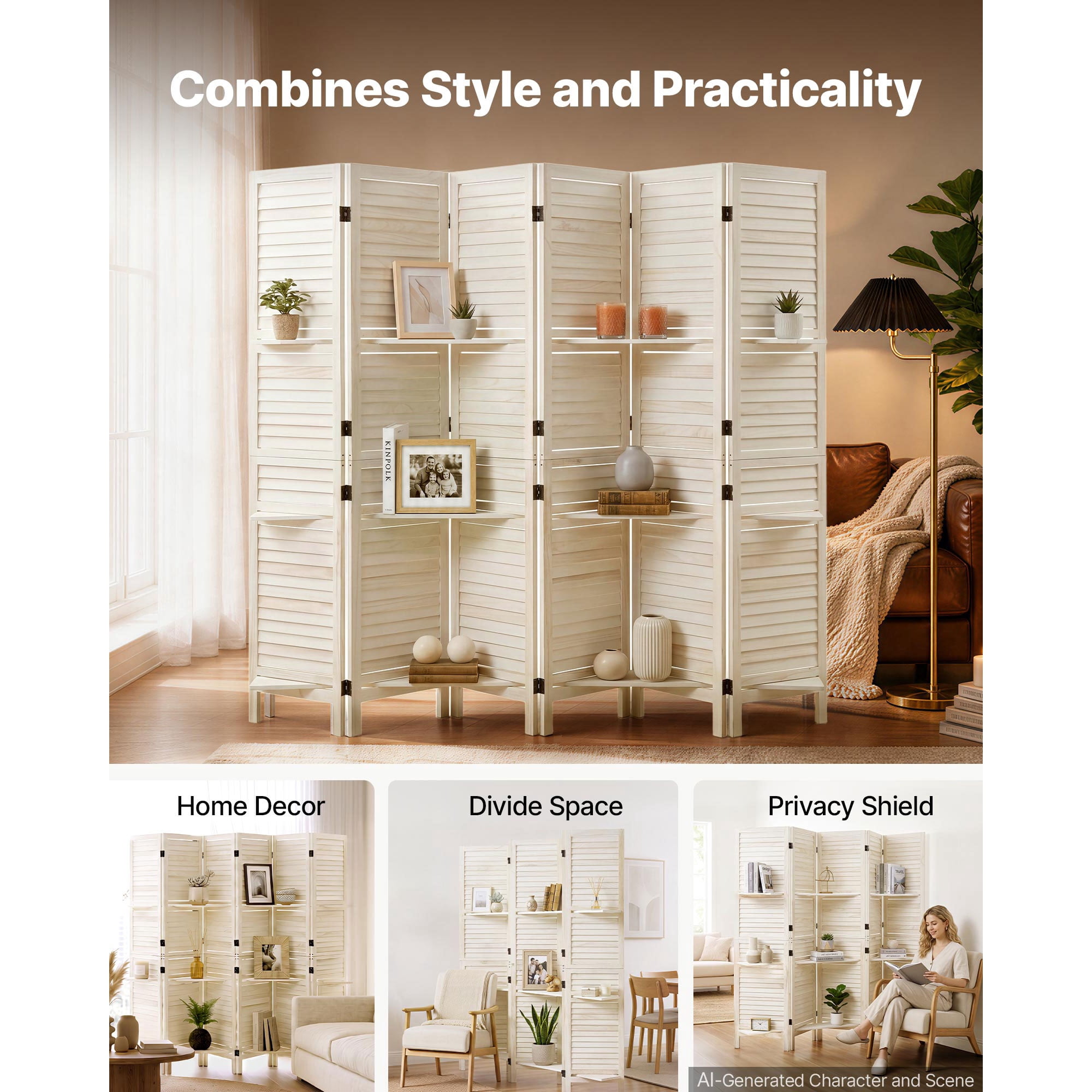 KFFKFF 6-Panel Wooden Room Divider with Shelves, Folding Privacy Screen for Home Decoration and Space Separation, 67.1 Inches Tall, Durable Frame,Two-Way Hinges,Louvered Design with Included Hardware