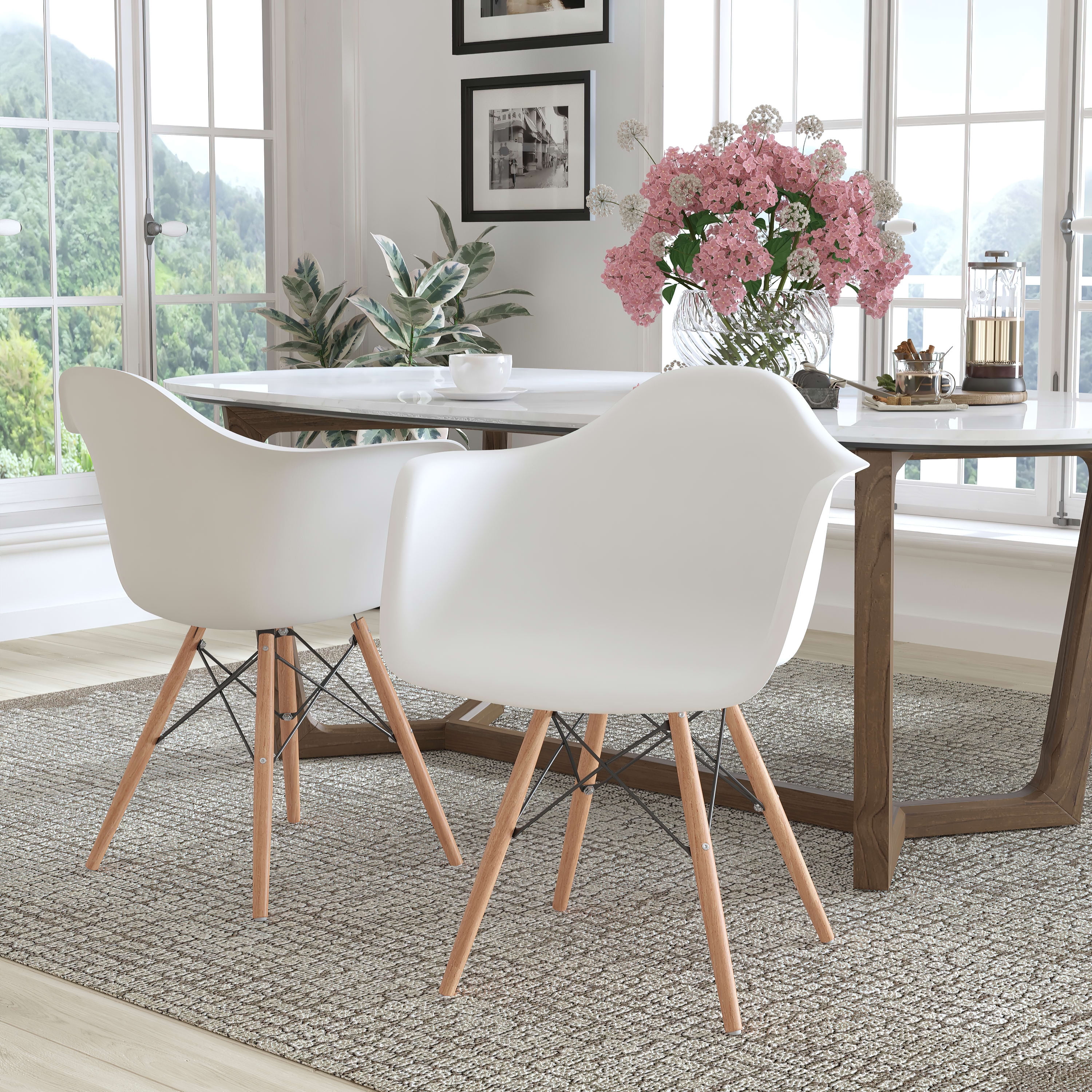 BizChair 2 Pack White Plastic Chair with Arms and Wooden Legs
