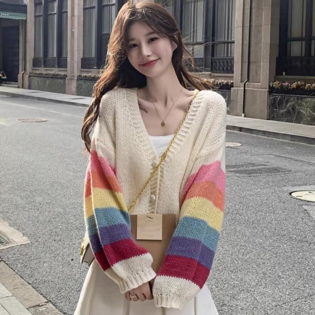 Ruifaya Cárdigan de punto con bloques de color para mujer, novedad primavera 2025, diseño pequeño y holgado M7