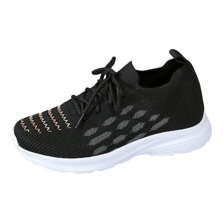 

ZAROYEAX Fashion Spring and Summer Women Sports Shoes Flat Bottom Lightweight Fly Woven Mesh Breathable Embroidered Stripes Lace Up Comfortable