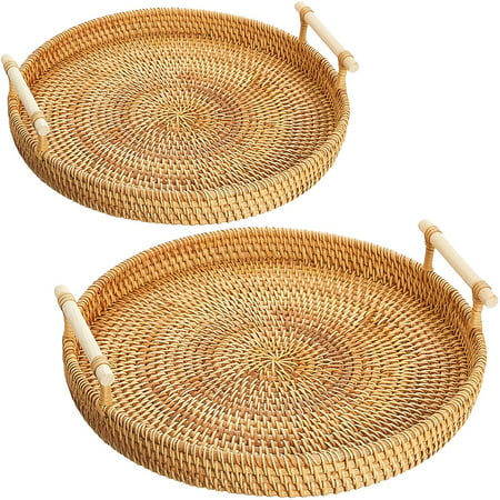 Hisrfo 2 Pieces Rattan Round Tray With, Large Round Basket Tray