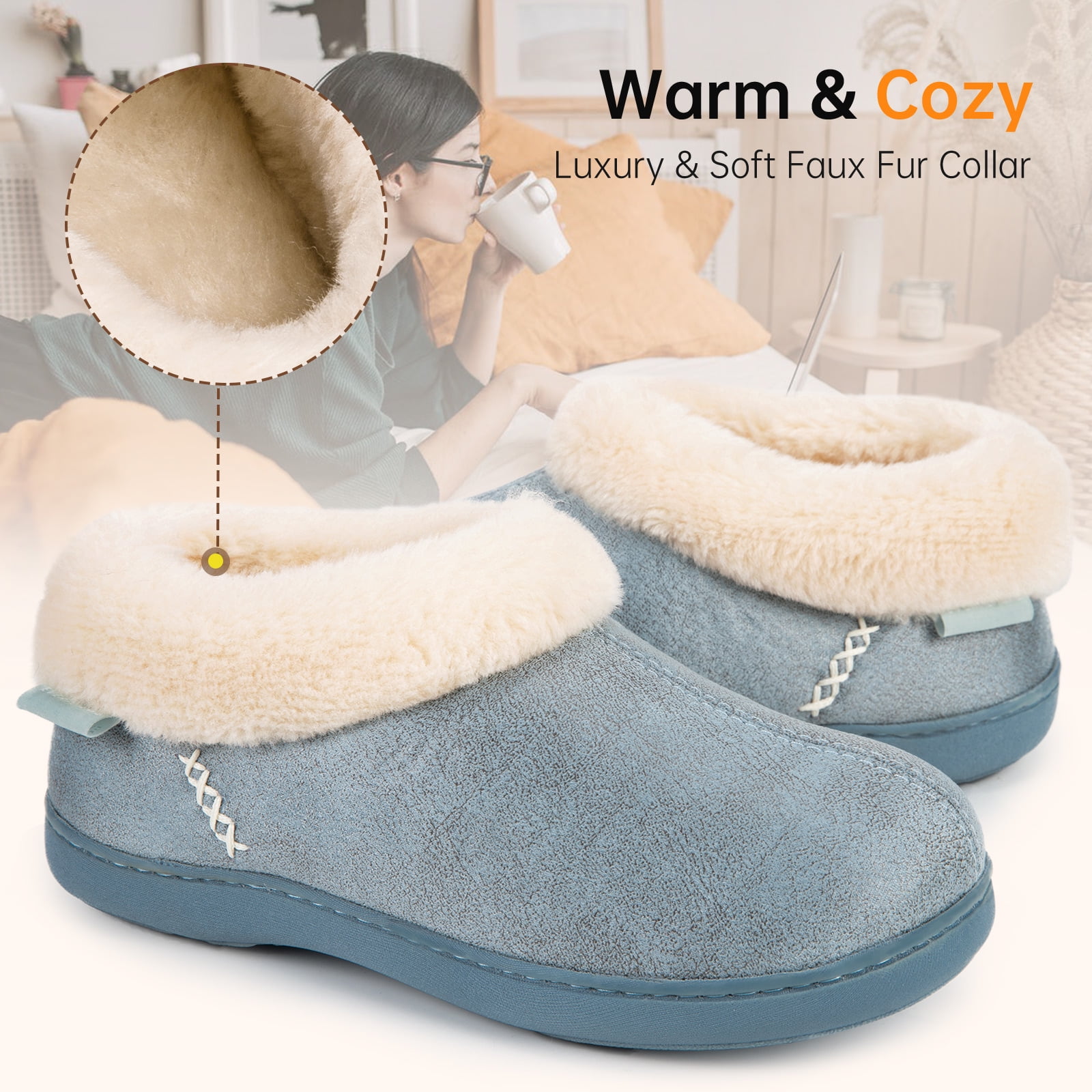 VeraCosy Women Warm Fuzzy Fur Memory Foam Boots Slipper Sherpa Lined House  Shoes