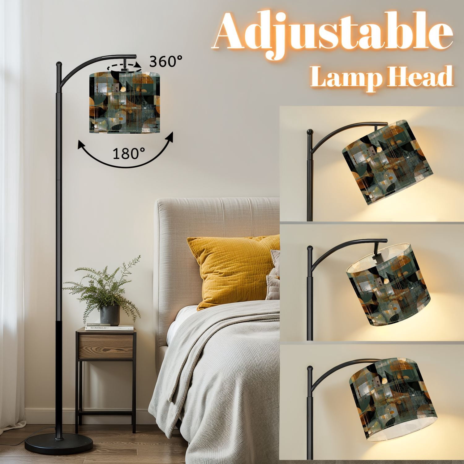 Arc Floor Lamp with Adjustable Lampshade Abstract Mid Century Wall Art Teal Rust Ochre Standing Lamp 3 Color Temperatures Dimmable Tall Pole Lamp with Foot Switch for Bedroom