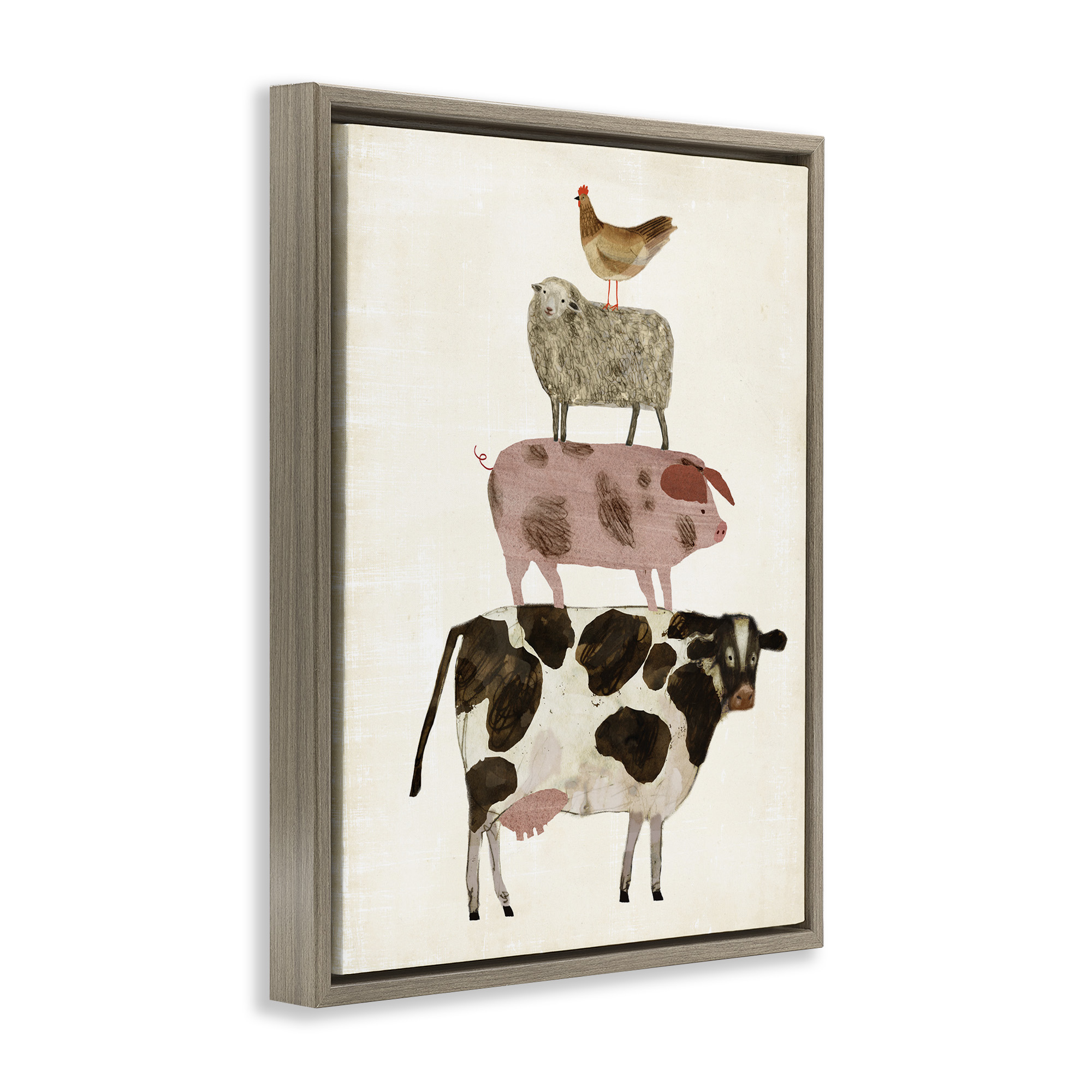 Stupell Industries Barnyard Buds Stacked Animals Animals & Insects Painting Brown Floater Framed Canvas Art Print Wall Art, 17 x 21