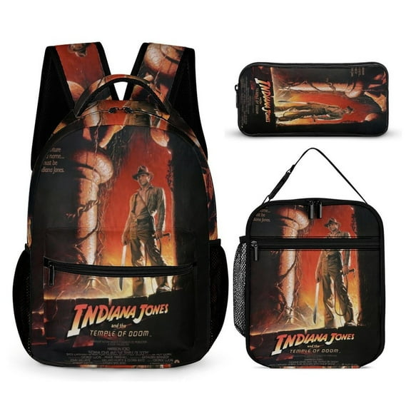 Indiana Jones And The Temple Of Doom Movie Poster 3 PC Backpack Set Casual School Bag Daypack with Lunch Bag Outdoor Travel Large Capacity BagsOne Size