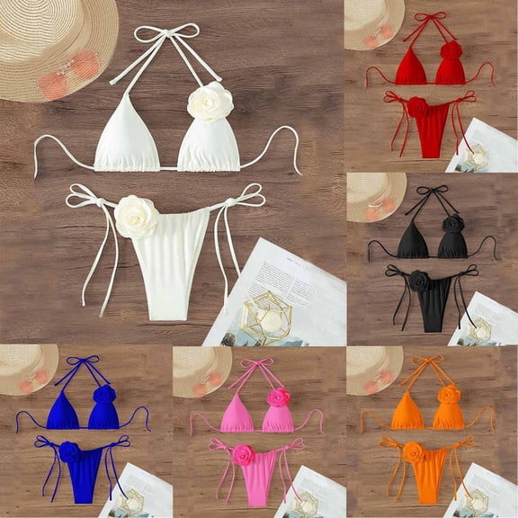 MGDXOX Women's Fashion Floral Appliques Cute Bathing Suit High Waisted Solid Color Tie Back Swimsuit Bikini Set Blue L