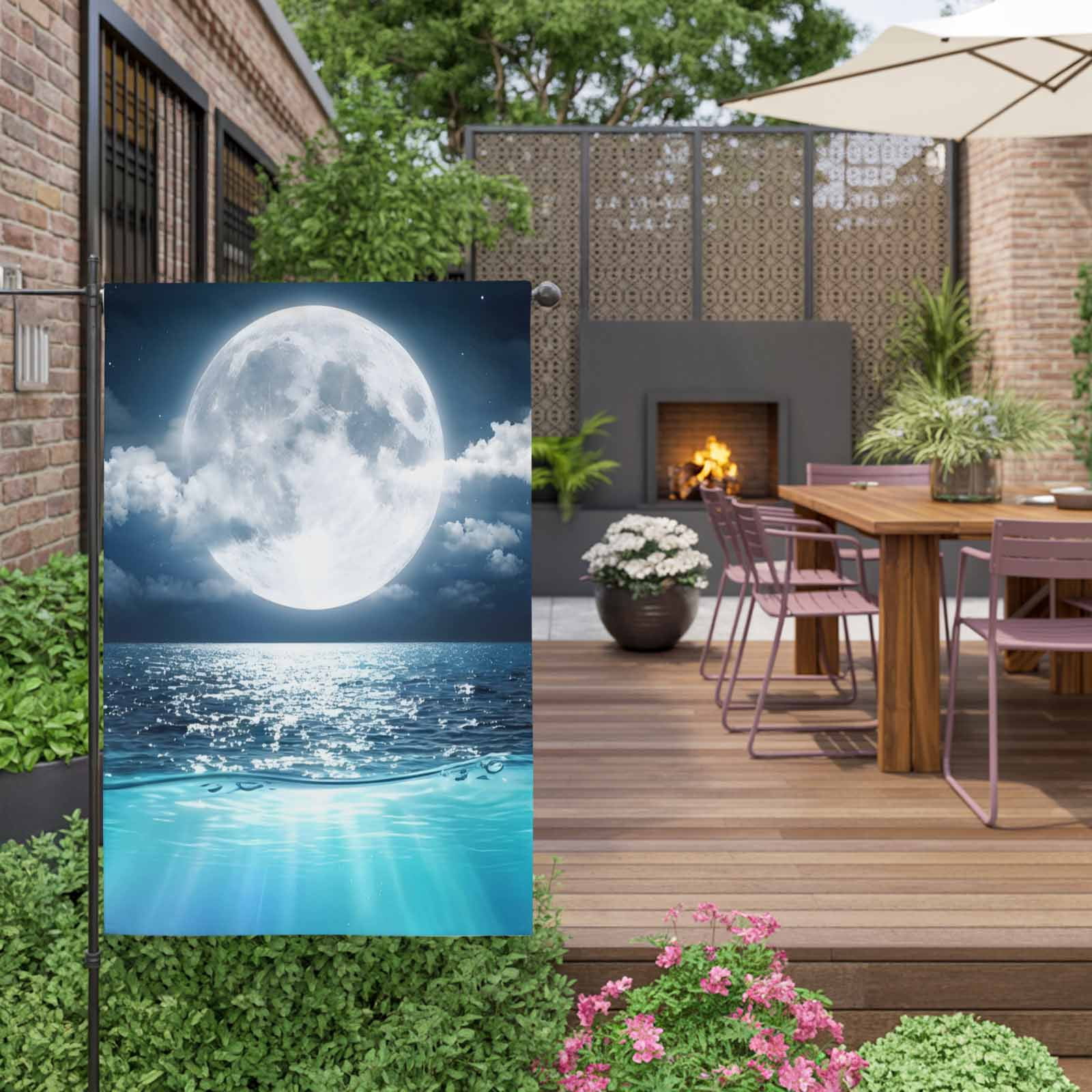 Natural Scenery House Flag 28 x 40 Inches, Full Moon Cloud Night Sky Sea Moonlight Weather Proof Outdoor Patio Flags Double Sided Small House Decoration for Yard Lawn Outside Home