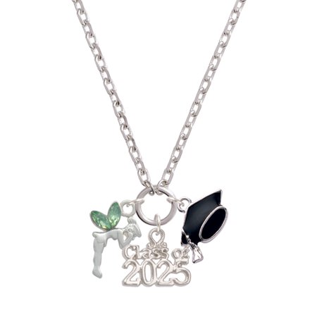 Delight Jewelry Silver-tone Small Fairy with Lime Green Wings - Silver-tone Class of 2025 Graduation Zoey Necklace, 28"