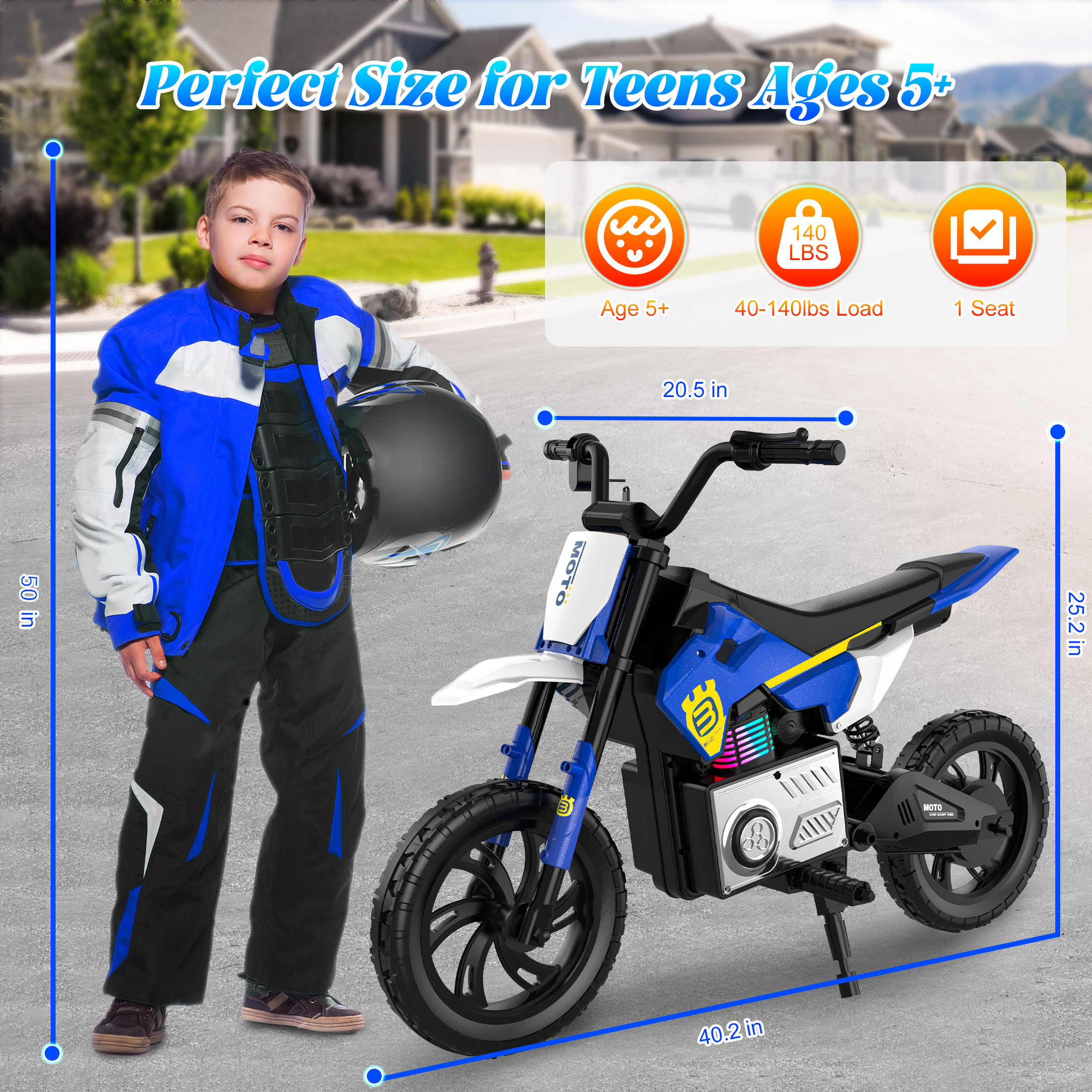 Skyhot 24V Electric Dirt Bike for Kids, 15km/h Electric Motorcycle Beginners Friendly, Power Display, Brushless Electric Machine, Rear Spring Suspension, 2-Speed Modes for Kids Ages 3-8, Blue