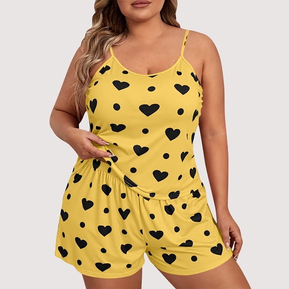 Chbgutlmr Plus Size 2 Piece Loungewear Sets Heart Printed Outfits Sleeveless Camisole Tops Elastic Waist Shorts Casual Cute Summer Homewear Set
