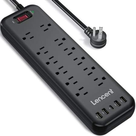 

LENCENT Power Strip Surge Protector with 12 Outlets & 5 USB Ports(4 USB-A & 1 USB-C) 6Ft Extension Cord (1875W/15A 3600J) Overload Protection ETL Listed