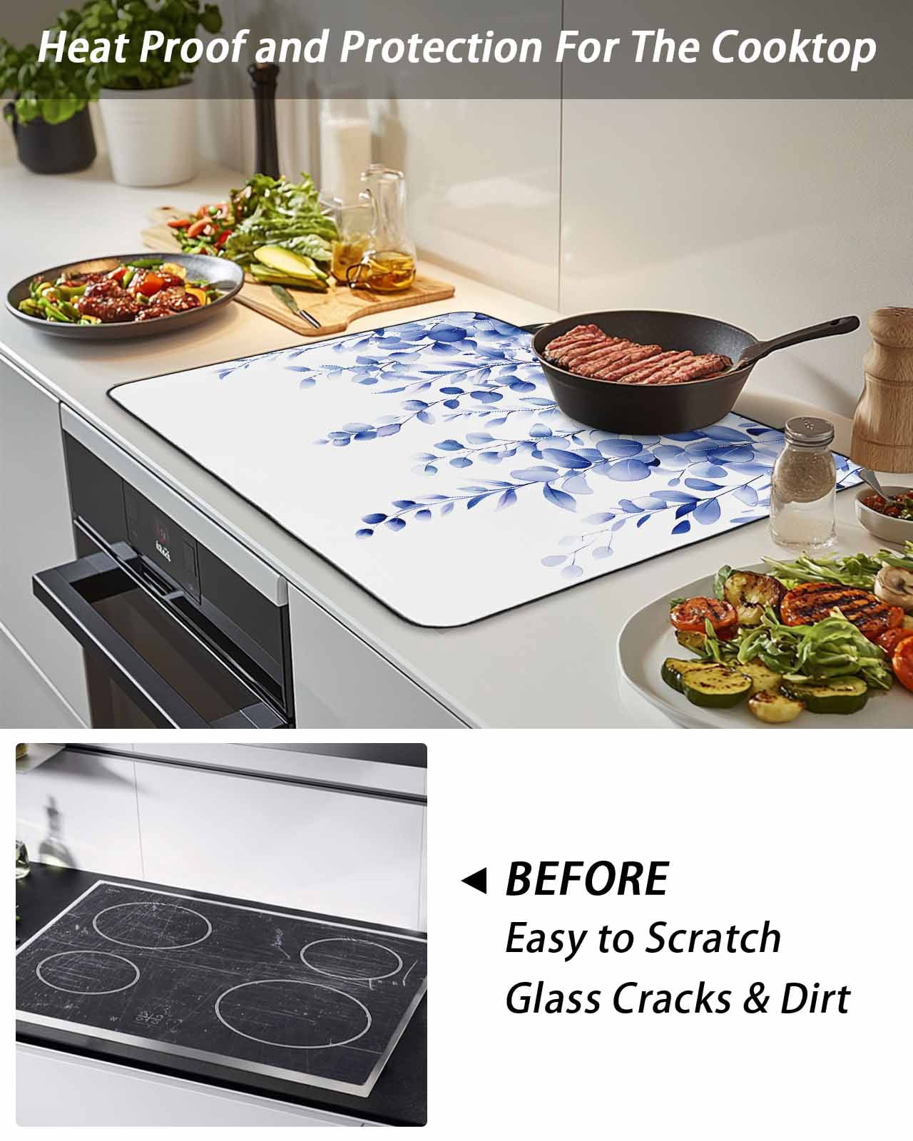 Stove Top Covers for Electric Stove, Blue Eucalyptus Glass Stovetop Cover Protector, Botanical Plant Rustic Succulent Branch Induction Cooktop Protector Oven Mat for Kitchen Countertop 24"x21"