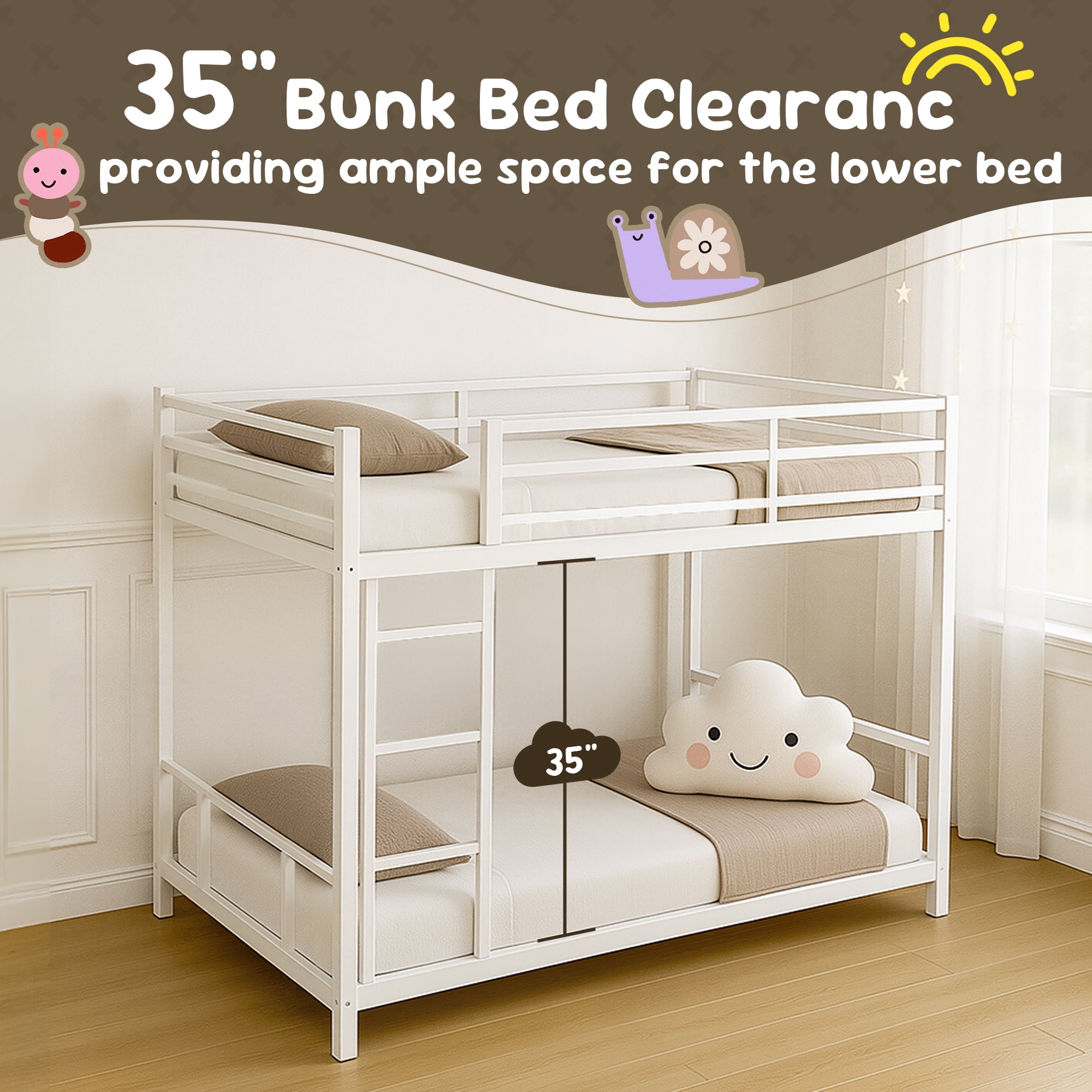Alvantor Metal Bunk Bed Twin over Twin for Kids Adults, Low Bunk Bed with Guardrails and Ladder for Bedroom White