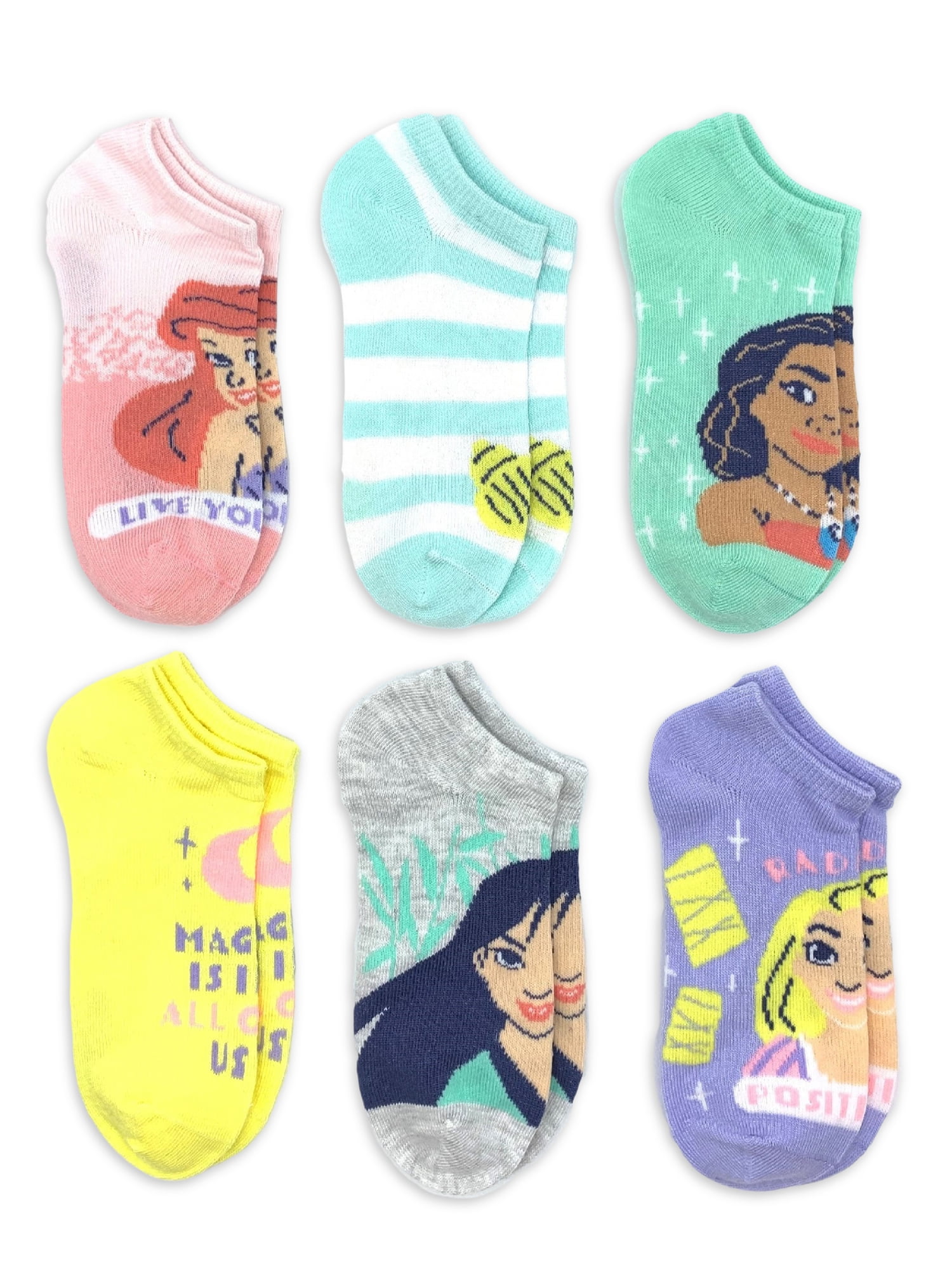 Disney Princess, Girls No-Show Socks, 6-Pack, Sizes S-L