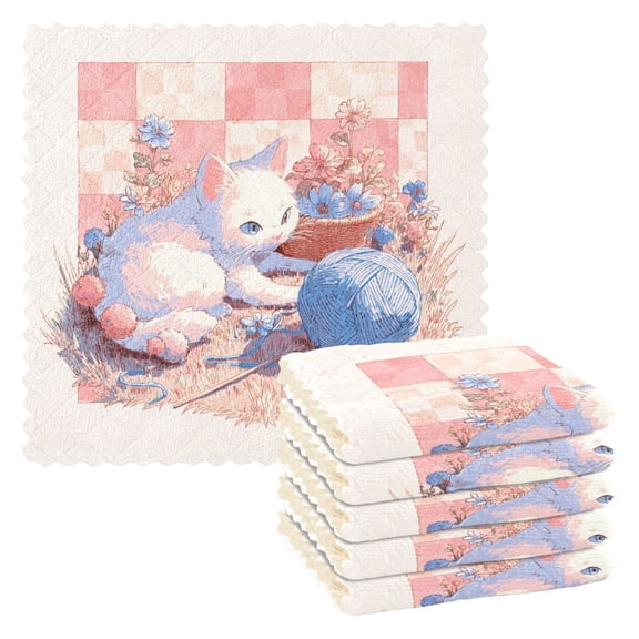 6 Pieces of Kitchen Towels 11x11Inch Kitchen Dish Cloths Kitchen Dish Towels Reuseable Cleaning Cloths Cats and Balls Of Yarn