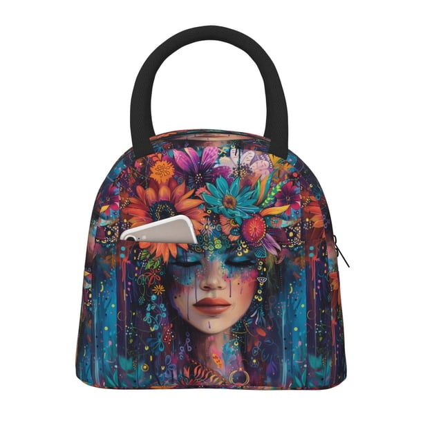 Disketp Bohemian Colorful Flower Woman Bolsa Térmica para Almuerzo, Lonchera con Abertura Amplia y Gran Capacidad, Organizador Reutilizable para Mujeres, Hombres y Adultos